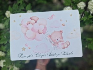 Pamiątka Chrztu Świętego – Drewniane Pudełko z Misiem i Balonikami – Personalizowany Prezent