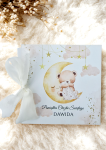 Drewniana kartka na Chrzest Święty miś na księżycu 