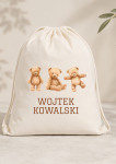 Worek Plecak z Imieniem i Nazwiskiem – Trzy Misie | Personalizowany Worek dla Przedszkolaka i Ucznia