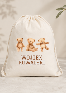 Worek Plecak z Imieniem i Nazwiskiem – Trzy Misie | Personalizowany Worek dla Przedszkolaka i Ucznia