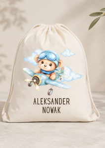 Worek Plecak z Imieniem i Nazwiskiem – Miś Pilot | Personalizowany Worek dla Przedszkolaka i Ucznia