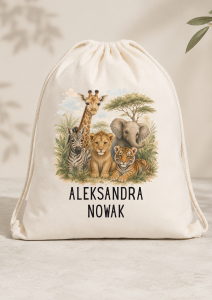 Worek Plecak z Imieniem i Nazwiskiem – Zwierzęta Safari| Personalizowany Worek dla Przedszkolaka i Ucznia